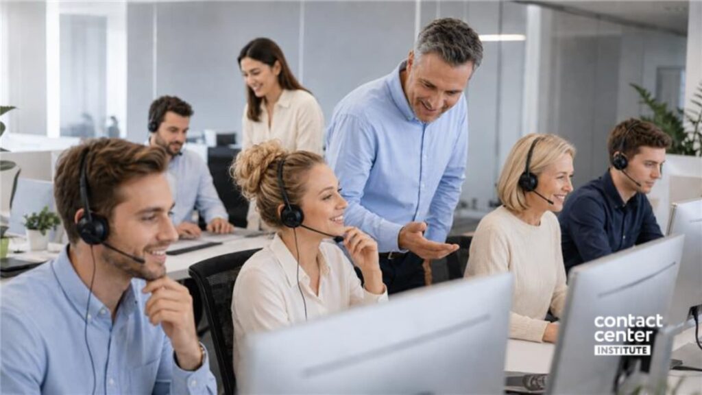 Trabajadores en el contact center atendiendo llamadas de clientes con sus auriculares y equipos electrónicos.