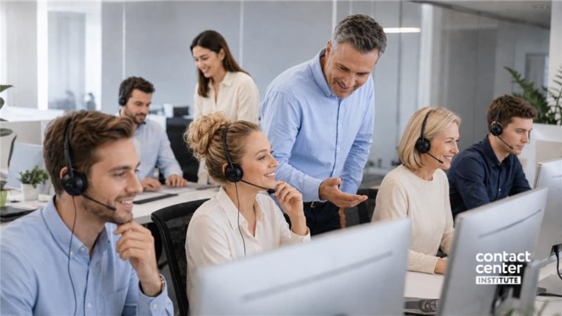 Trabajadores en el contact center atendiendo llamadas de clientes con sus auriculares y equipos electrónicos.
